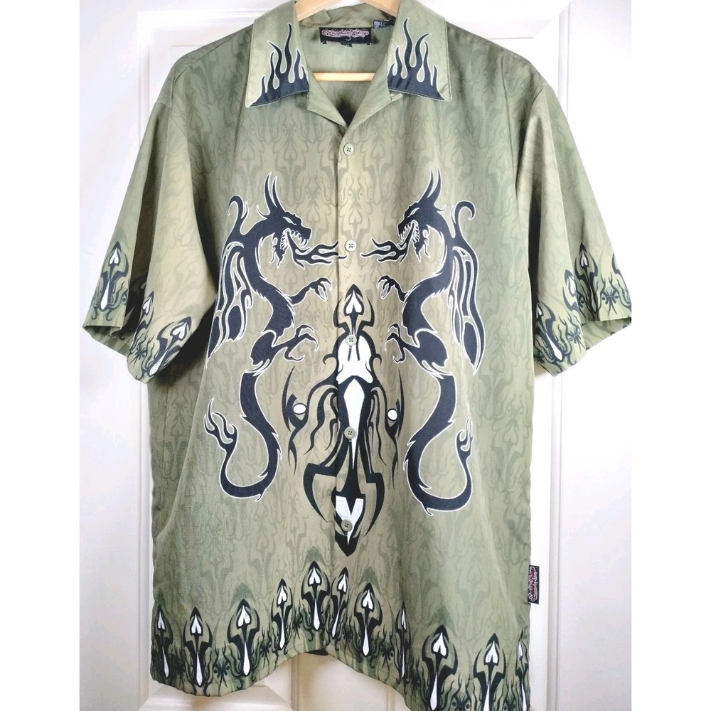 VTG Y2K Sapphire Lounge Dragon Shirt Men Large Green‎ Tribal Flame Skeletor